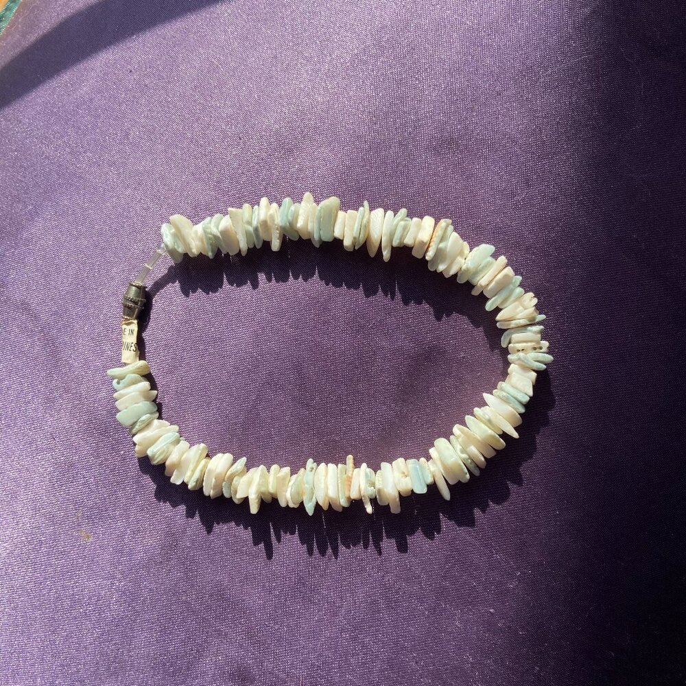 Vintage Puka Shell Chip White Blue Anklet Handcrafted Tag Made in Philippines